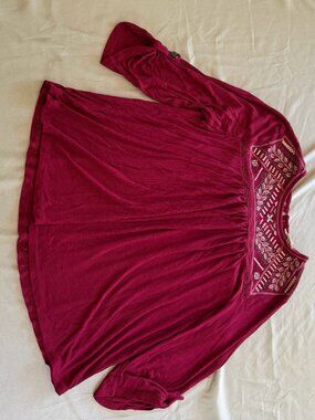 My Danielle Women's Size Large Burgundy Embroidered Ribbed Blouse 3/4 Sleeves